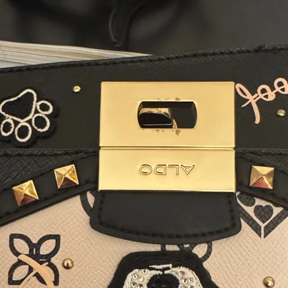 Aldo Black & Pink Dog Motif Top-Handle Satchel with Pom - Picture 7 of 10